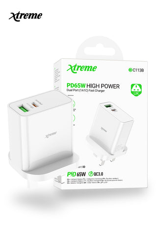 Xtreme DC113B Super Fast Charger PD 65W Dual Port Usb and Type C Port Charger UK Plug