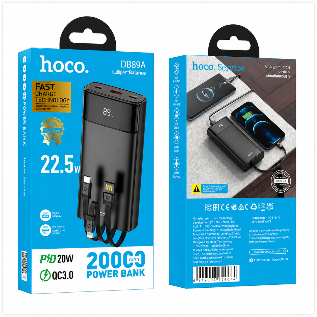 Hoco DB89BA 22.5W fully compatible power bank digital display cables 20000 Mah