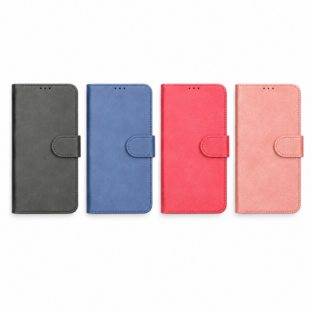 Wallet phone cases in black, blue, pink and rose gold