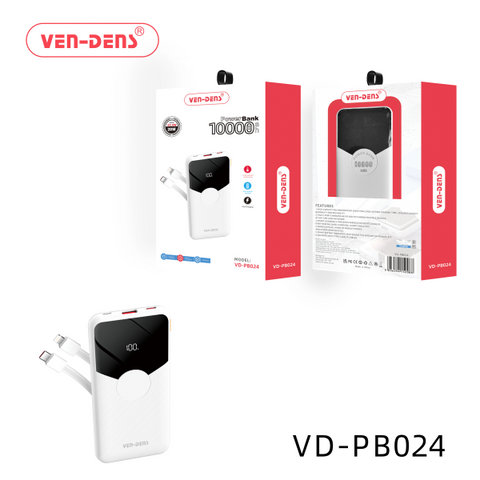 Vendens Power Bank Vd-Pb024  10000Mah 22.5W/20W Led Display Buit In Type C & Iphone Cables