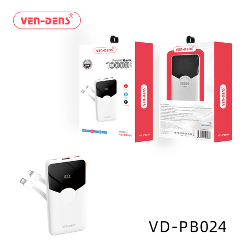 VENDENS POWER BANK VD-PB024  10000mAh 22.5W/20W LED DISPLAY BUIT IN TYPE C & IPHONE CABLES