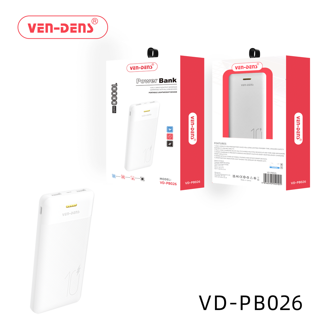Vendens Power Bank Vd-Pb026 10000Mah Portable Lightweight Design