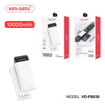 VENDENS POWER BANK VD-PB039  10000mAh LED DISPLAY BUIT IN TYPE C & IPHONE USB AND MICRO CABLES