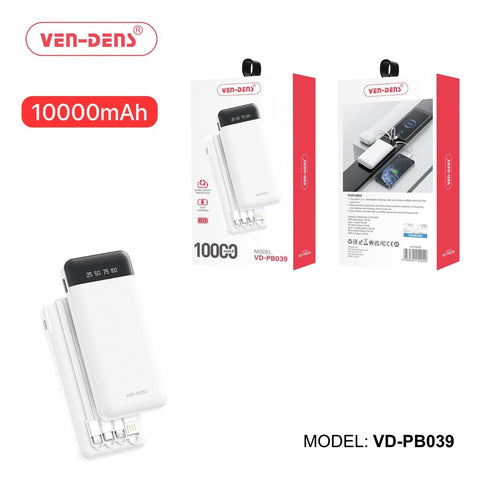 Vendens Power Bank Vd-Pb039  10000Mah Led Display Buit In Type C & Iphone Usb And Micro Cables