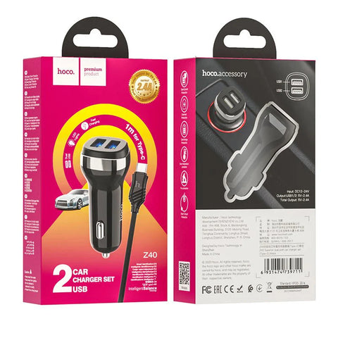 Hoco Z40 Superior Dual port car charger set with Type-C Data cable