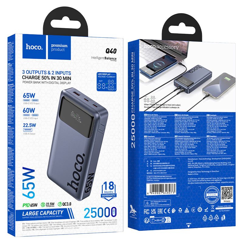 Hoco Q40 PD65W power bank with digital display dark 25000mAh