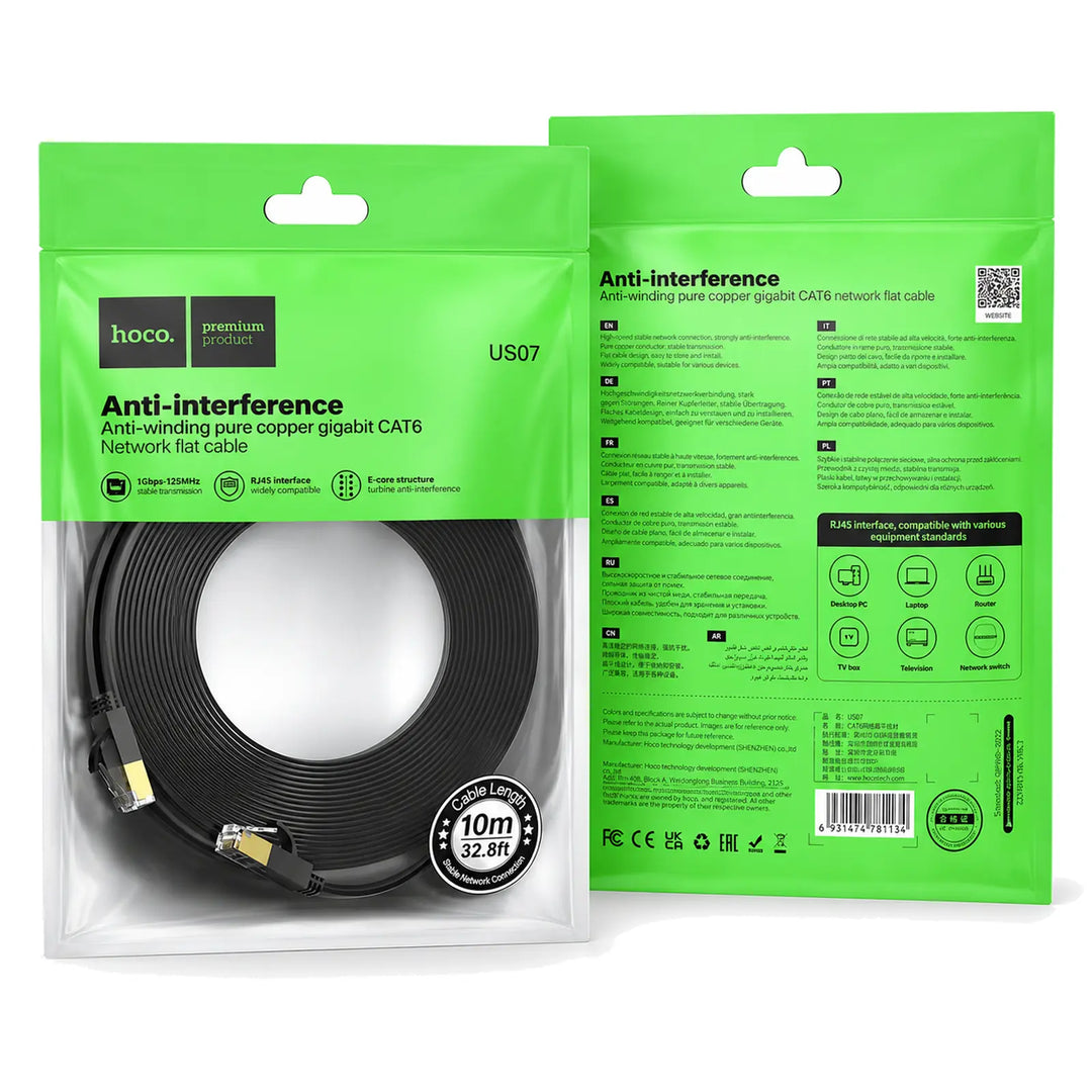 Hoco Us07 Cat6  Rj45 General Pure Copper Flat Network Cable 10M
