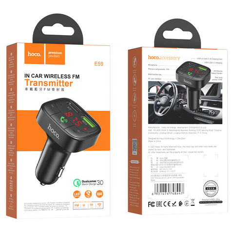 Hoco E59 Promise, in-car charger, BT FM transmitter, with USB QC 18W and USB 5V / 3.1A