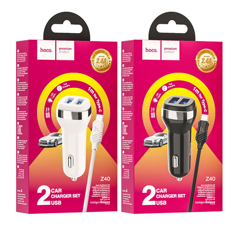 Hoco Z40 Superior dual USB port car charger, set with 1m cable for Lightning / Micro-USB / Type-C