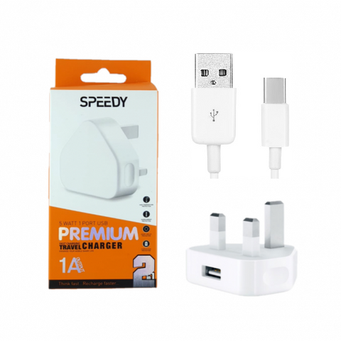 Speedy Premium Home Fast Travel Usb Charger 2 in 1 Plug and Type C data Cable